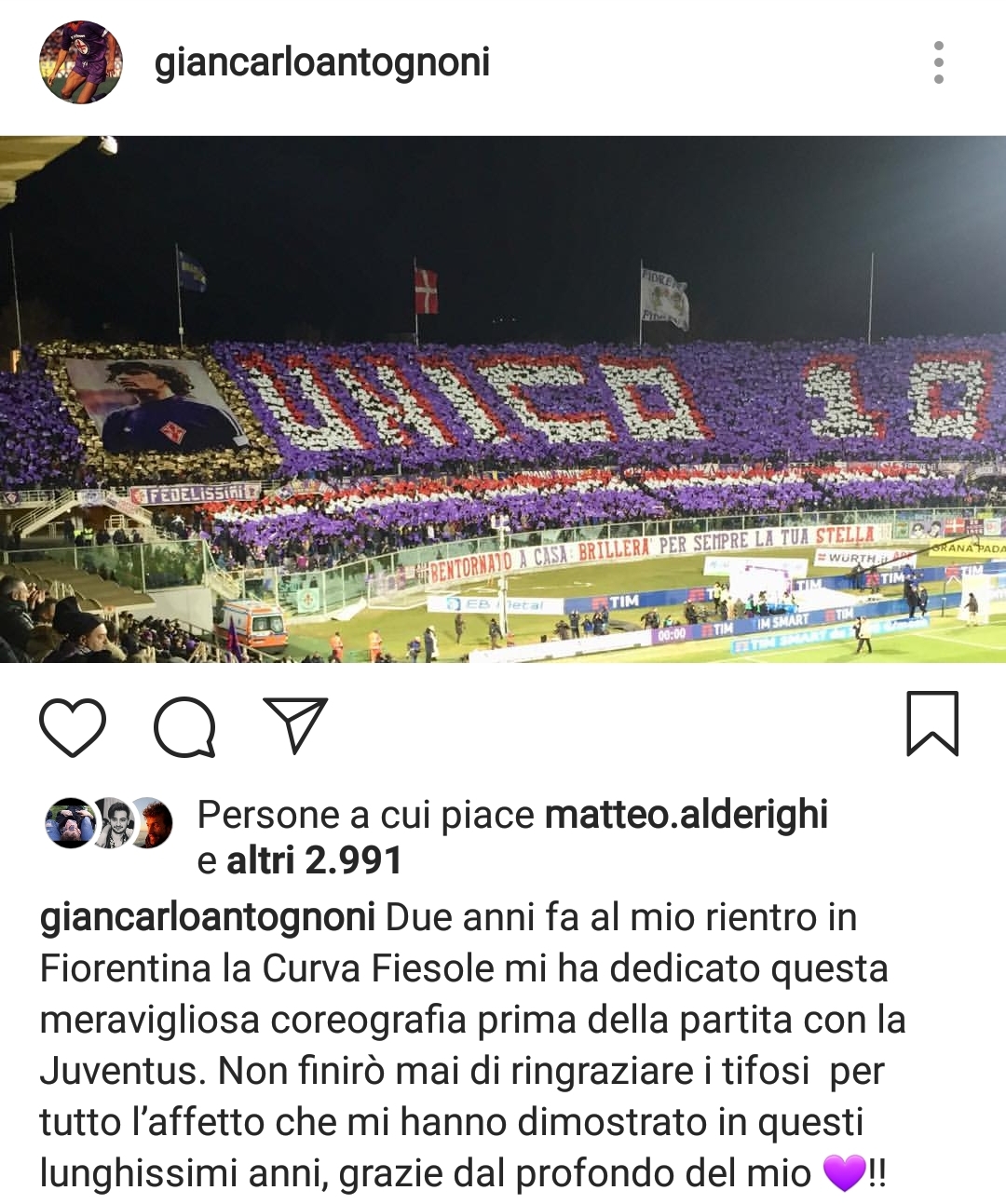 Antognoni: "Due anni fa prima della Juventus la meravigliosa coreografia della Fiesole per me, grazie!"