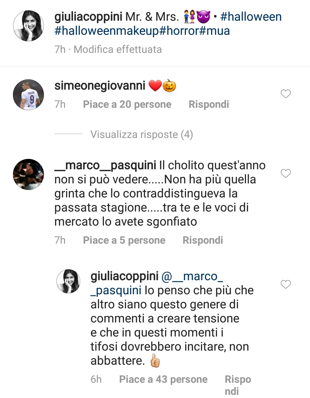 Un tifoso viola critica Simeone, la fidanzata Giulia: "Incitatelo invece di criticarlo"