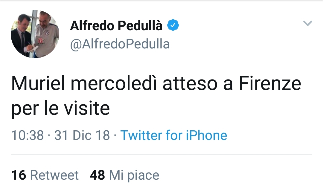 Muriel non tradisce, sarà della Fiorentina. Mercoledì le visite mediche a Firenze, ecco l'annuncio