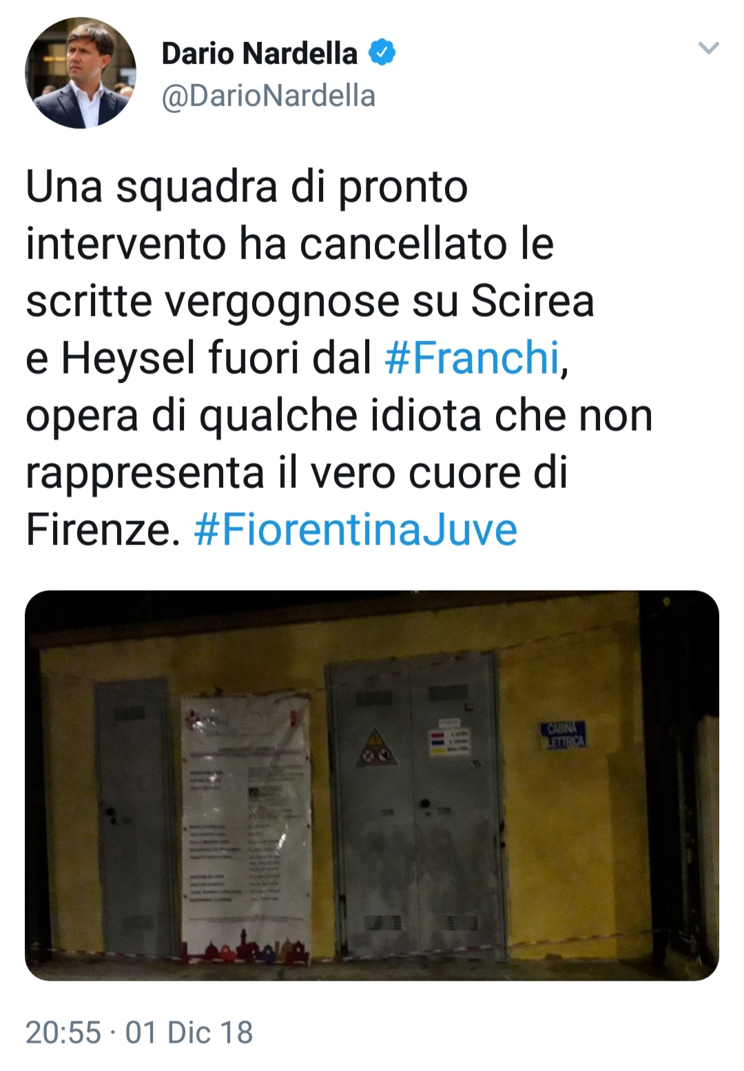 Scritte vergognose su Scirea e l'Heysel già cancellate. L'annuncio del sindaco Nardella