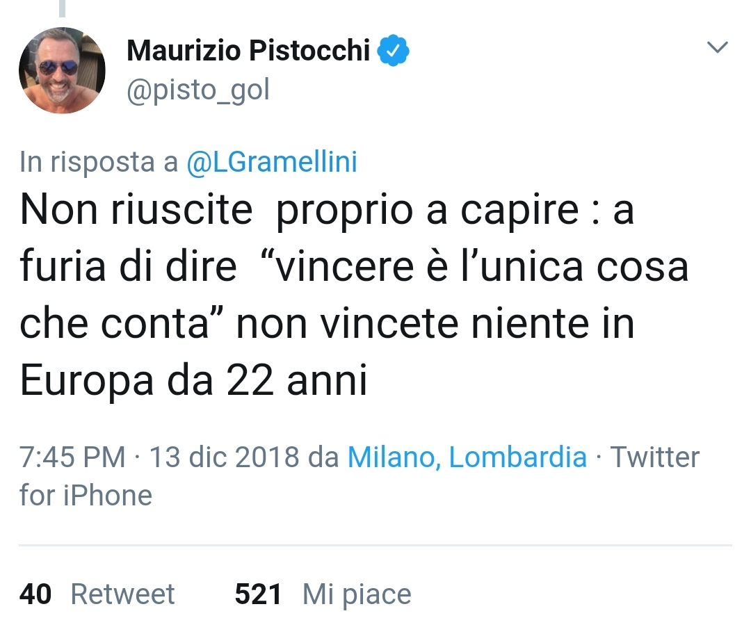 Pistocchi: "A furia di dire “vincere è l’unica cosa che conta” non vincete in Europa da 22 anni“.