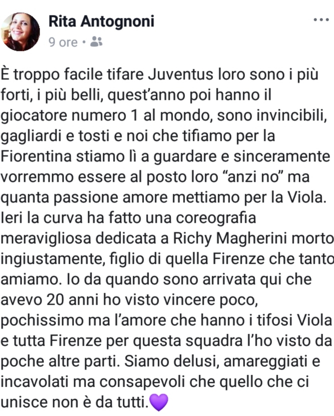 Rita Antognoni sui social:"L'amore di Firenze per la squadra e' inimitabile. La coreografia per Ricky.."