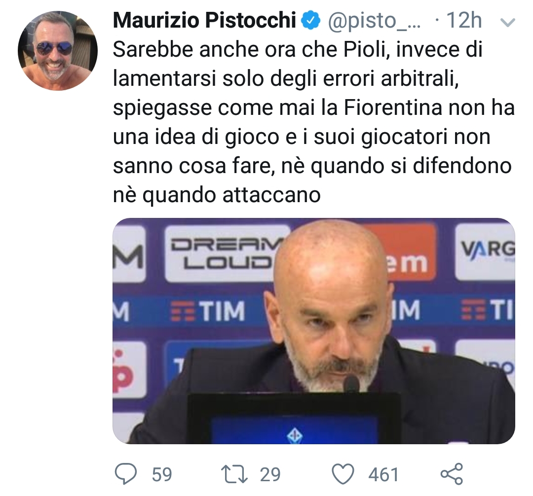 Pistocchi: "Invece di lamentarsi dall'arbitro Pioli spieghi perchè la Fiorentina non ha un gioco"