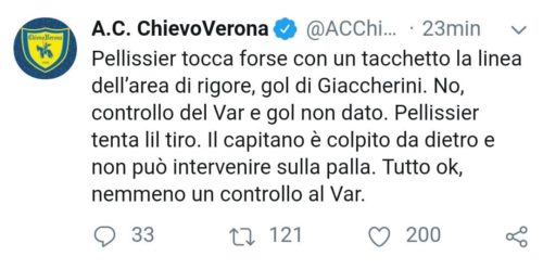 Il Chievo furioso su Twitter, contestato pesantemente l'arbitro Chiffi