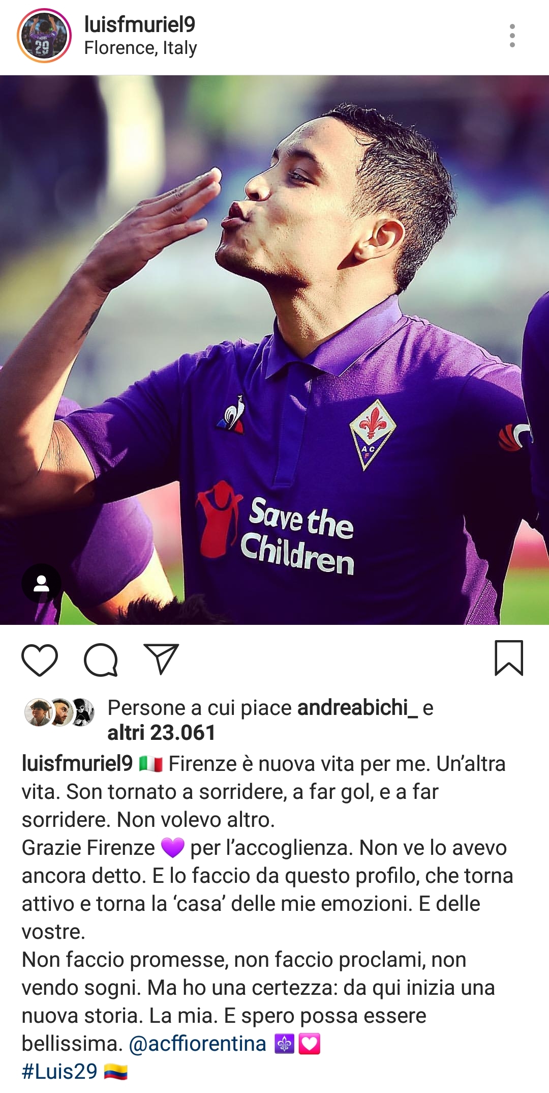 La lettera di Muriel: "Grazie Firenze, non faccio promesse ma ho una certezza..."