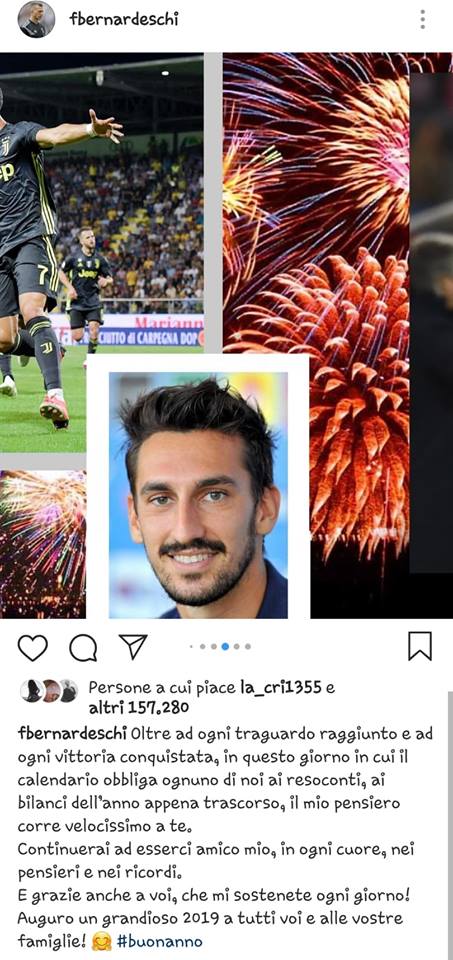 Bernardeschi ricorda Astori: "Nella fine di questo anno, il mio pensiero corre a te"