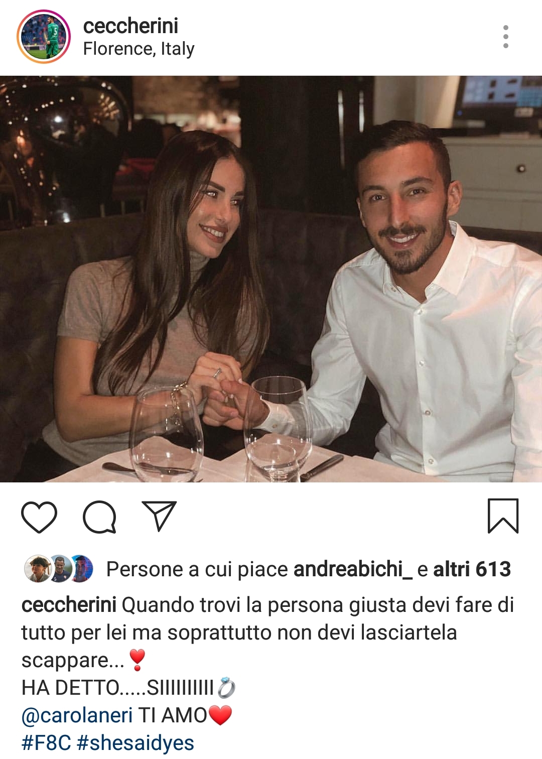Ceccherini chiede la mano alla fidanzata a cena a Firenze. Sarà matrimonio, l'annuncio del viola...