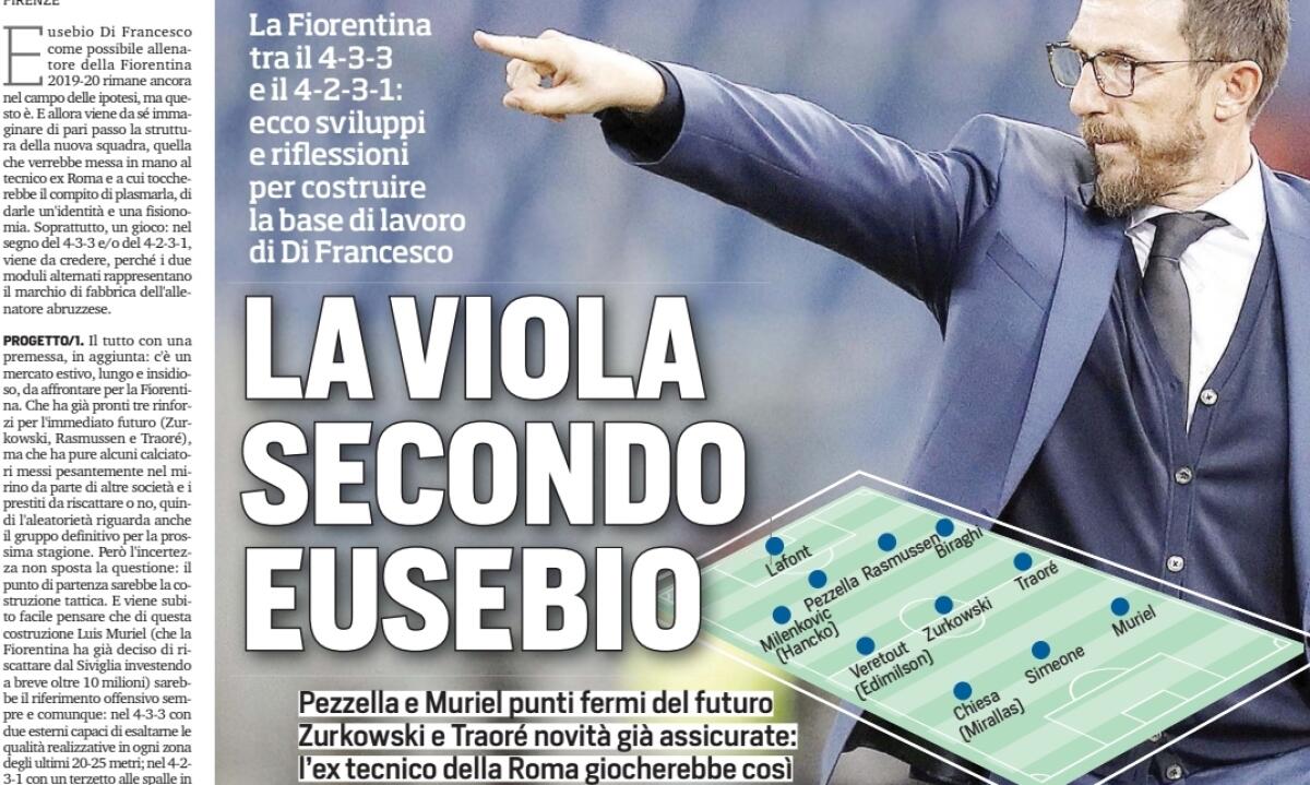 Ecco la nuova Fiorentina di Di Francesco secondo il Corriere dello Sport. Celik terzino destro, Zurkowski regista, Muriel centravanti - 