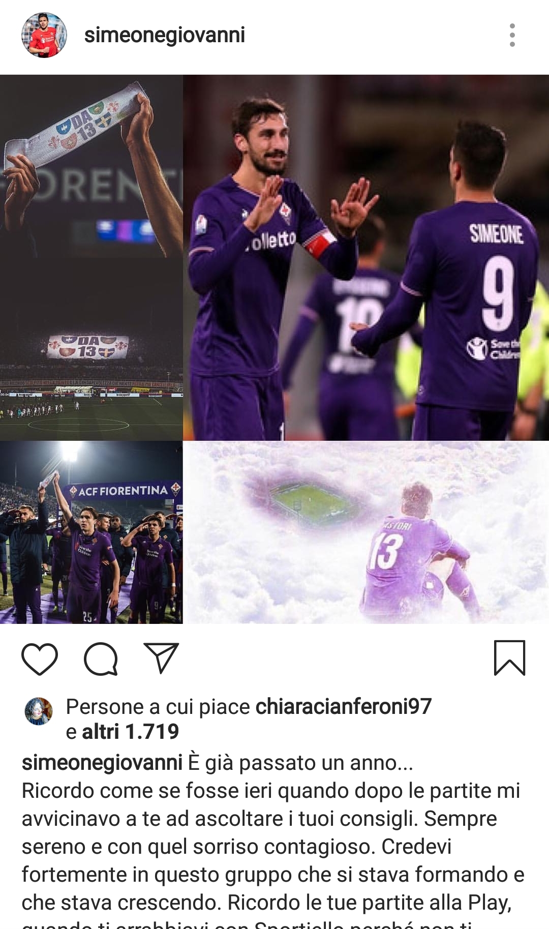 Simeone: "Davide ti penso sempre. Quando mi consigliavi dopo le partite, quando ti arrabbiavi con Sportiello perché..."