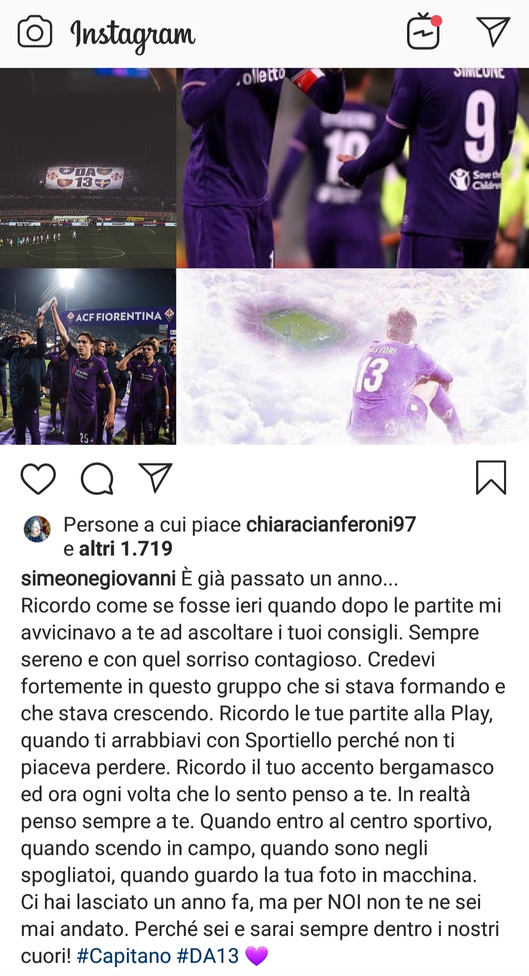 Simeone: "Davide ti penso sempre. Quando mi consigliavi dopo le partite, quando ti arrabbiavi con Sportiello perché..."