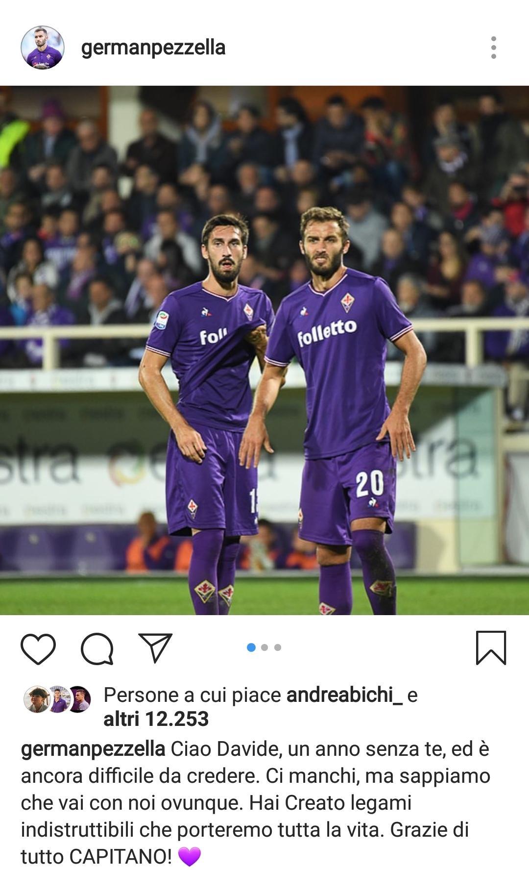 Pezzella: "Davide mi manchi, sappiamo che sei sempre con noi. Hai creato legami indistruttibili"