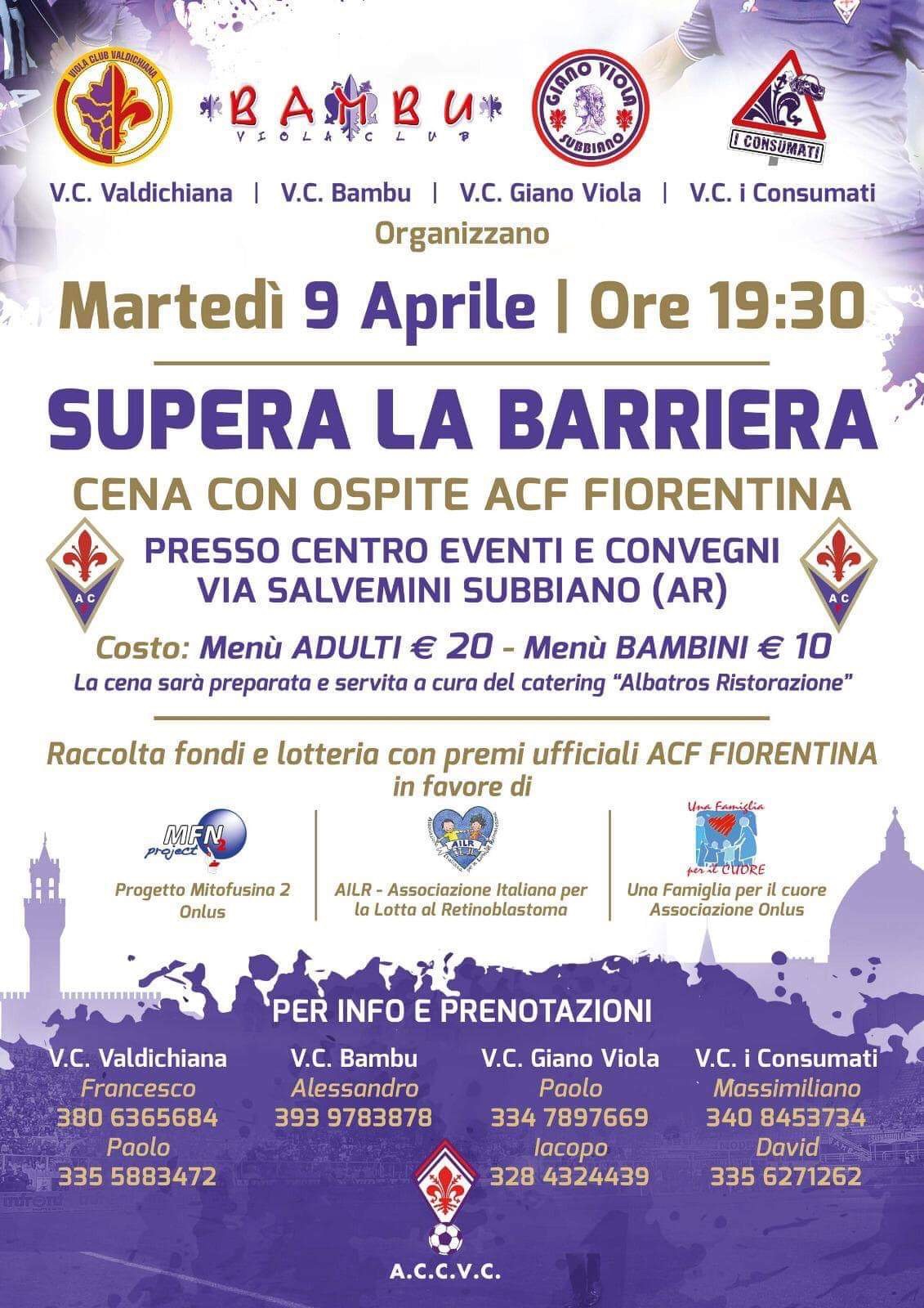 ViolaClub stasera riuniti a Subbiano: le info della cena in beneficenza con ospite ACF