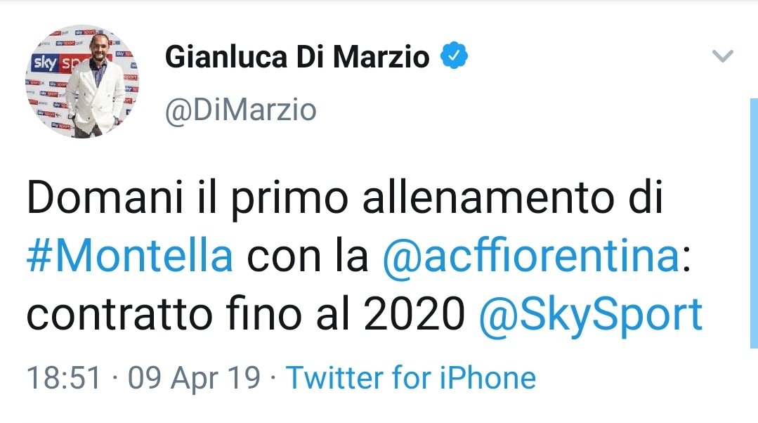 MONTELLA TORNA ALLA FIORENTINA, CONTRATTO FINO AL 2020, DOMANI PRIMO ALLENAMENTO