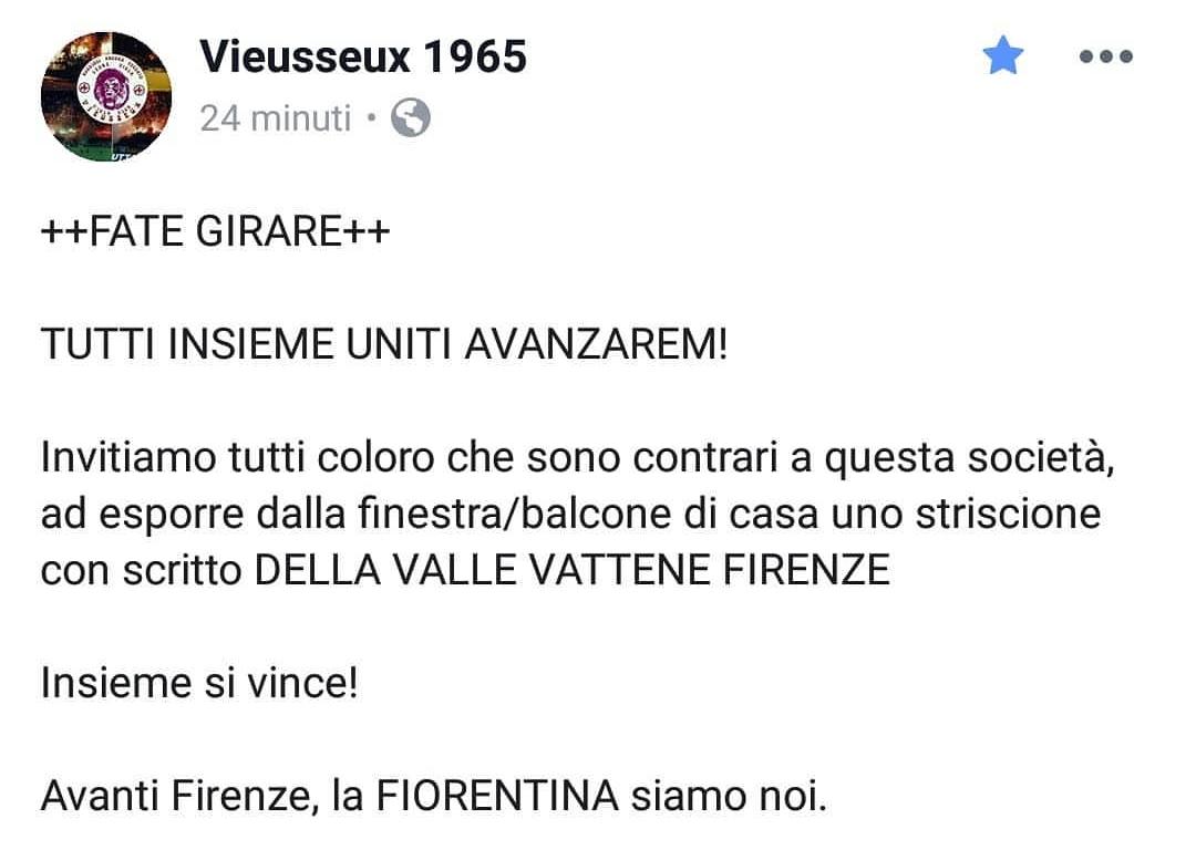 Vieusseux: "Chi è contro i Della Valle mostri fuori dalla propria finestra/balcone lo striscione Della Valle vattene"