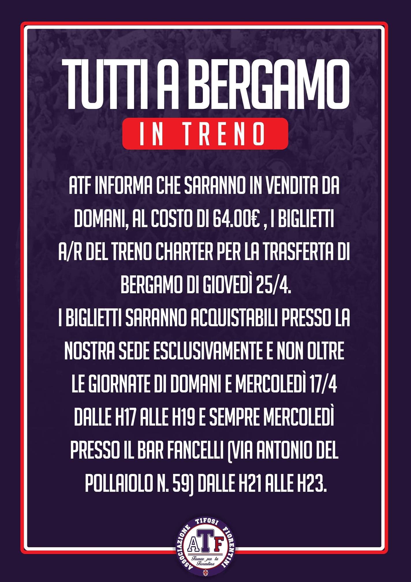 Associazione dei tifosi della Fiorentina: "Tutti in treno a Bergamo. Domani..."