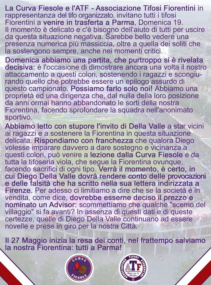 ATF: "Salviamo la nostra Fiorentina, domenica tutti a Parma. A fine stagione.."
