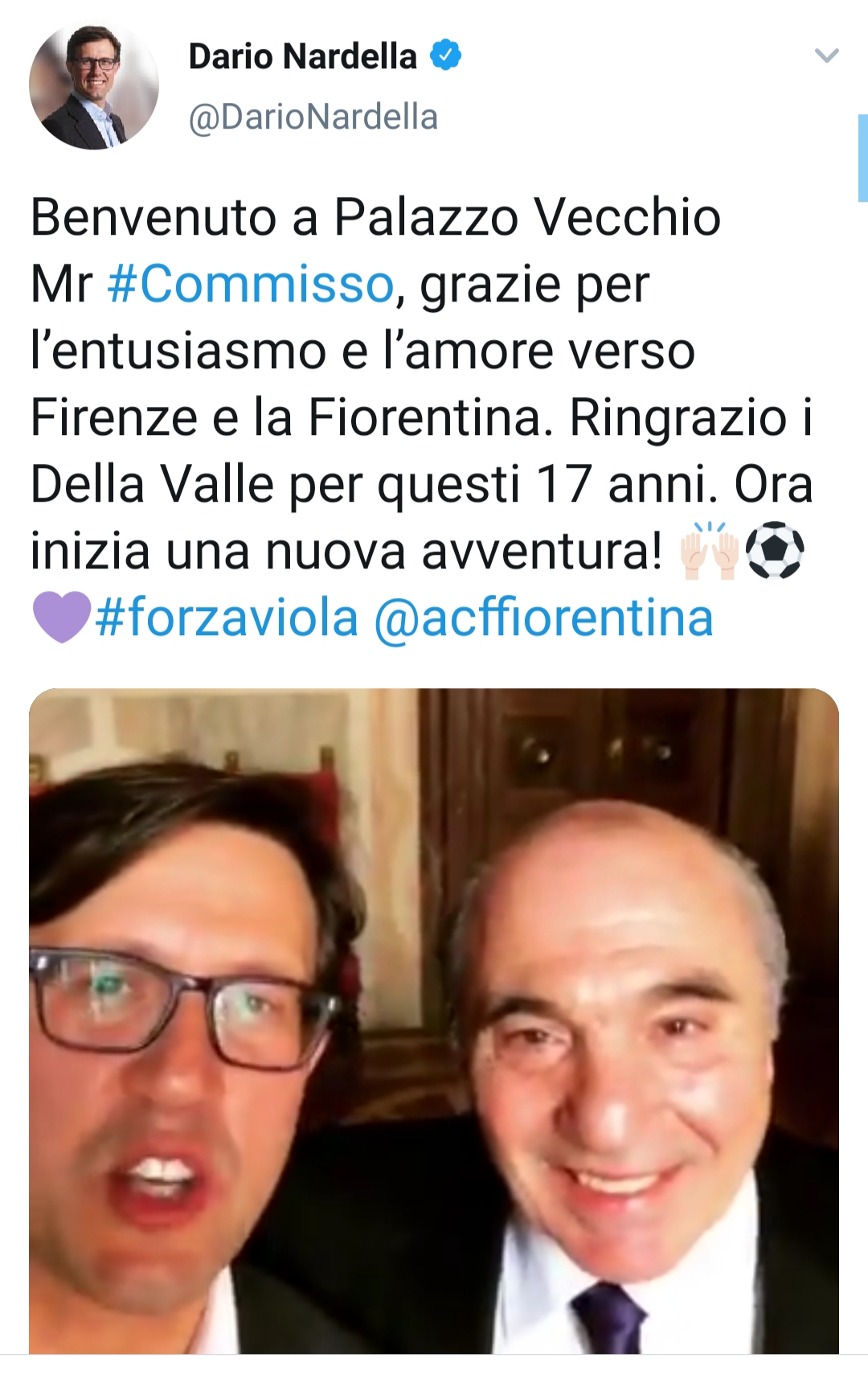 Nardella e Commisso insieme a Palazzo Vecchio: "Grazie Rocco per l'entusiasmo per Firenze e la Fiorentina"