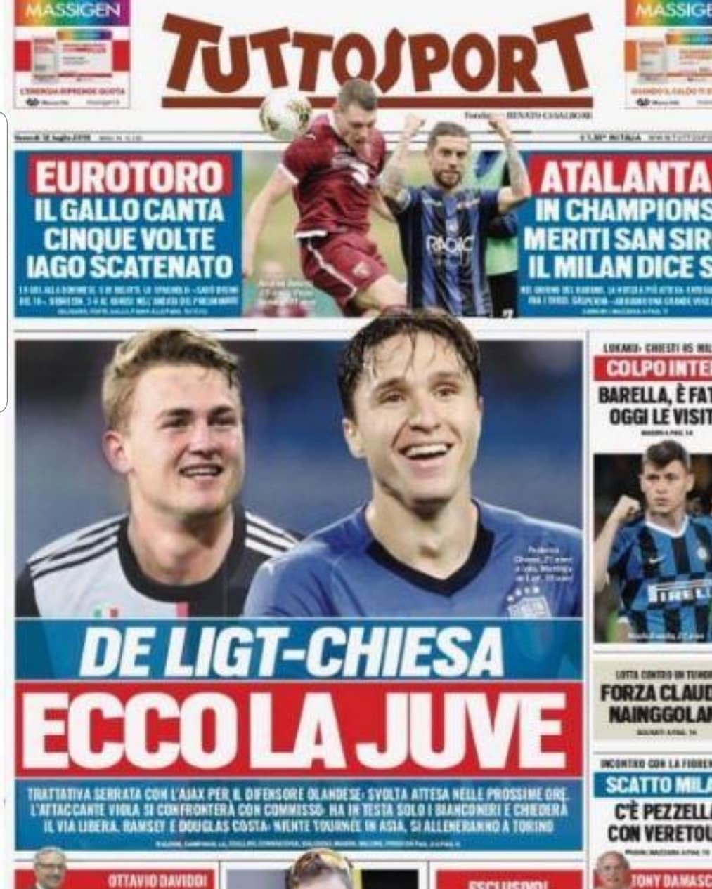(FOTO) Tuttosport in prima pagina: De Ligt-Chiesa, ecco la Juve
