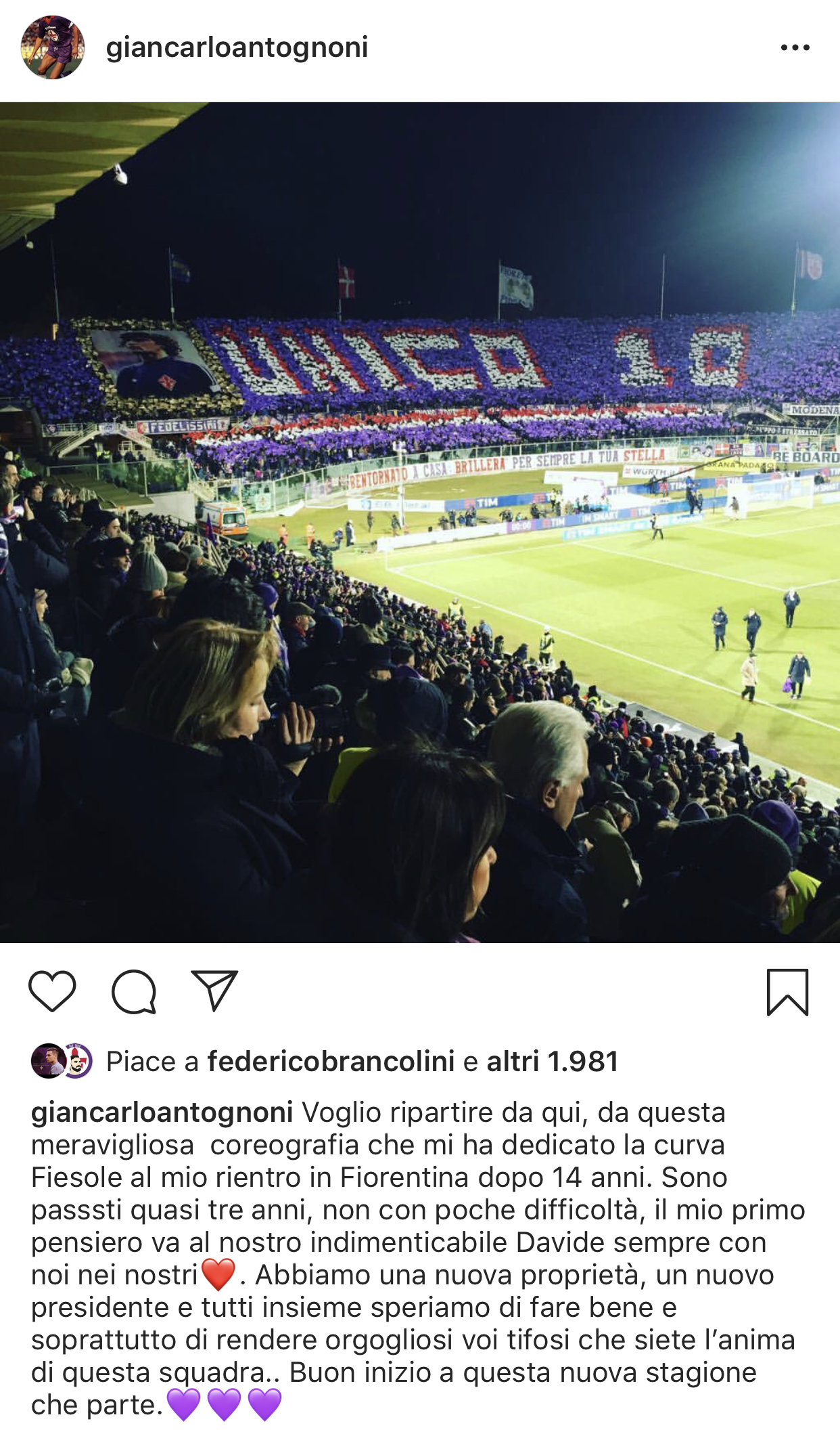Antognoni: "Il mio pensiero va sempre a Davide. Speriamo di rendere orgogliosi voi tifosi, anima di questa squadra"