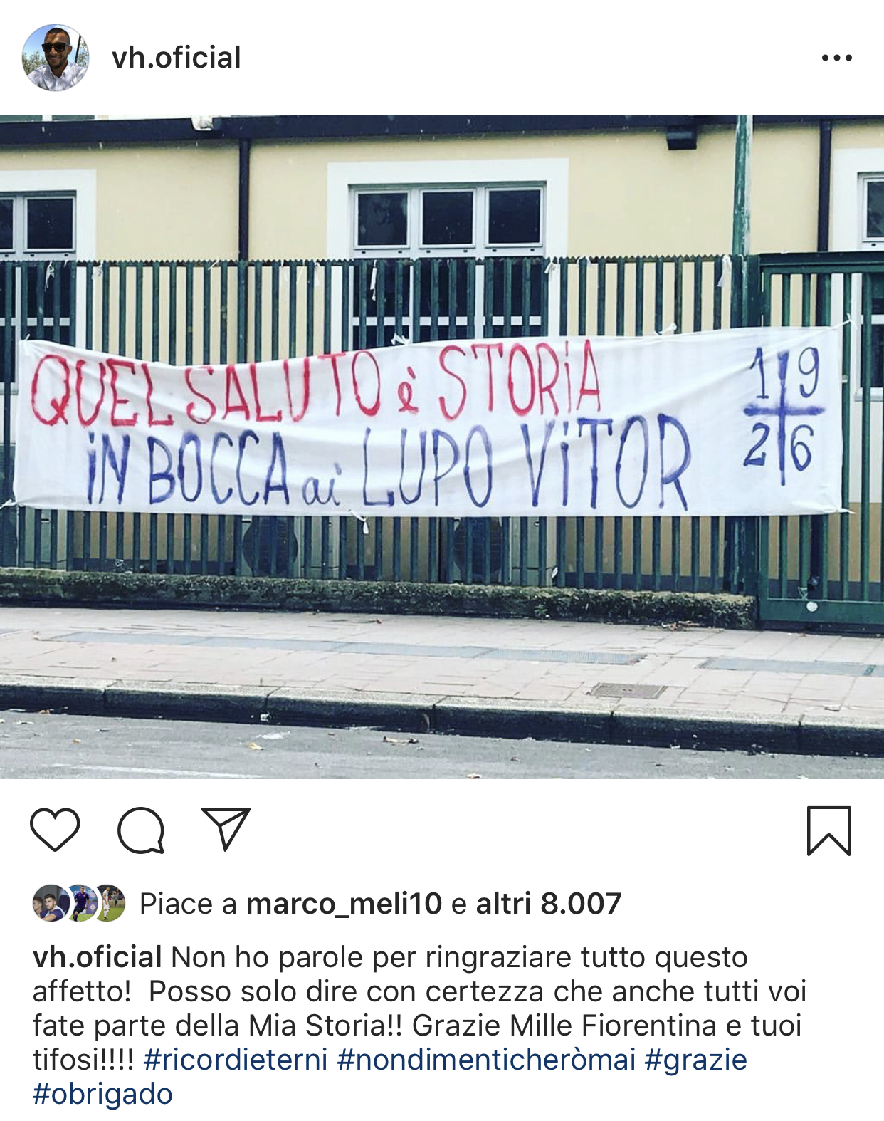 Vitor Hugo: "Non ho parole per ringraziare. Anche tutti voi fate parte della mia storia. Grazie mille"