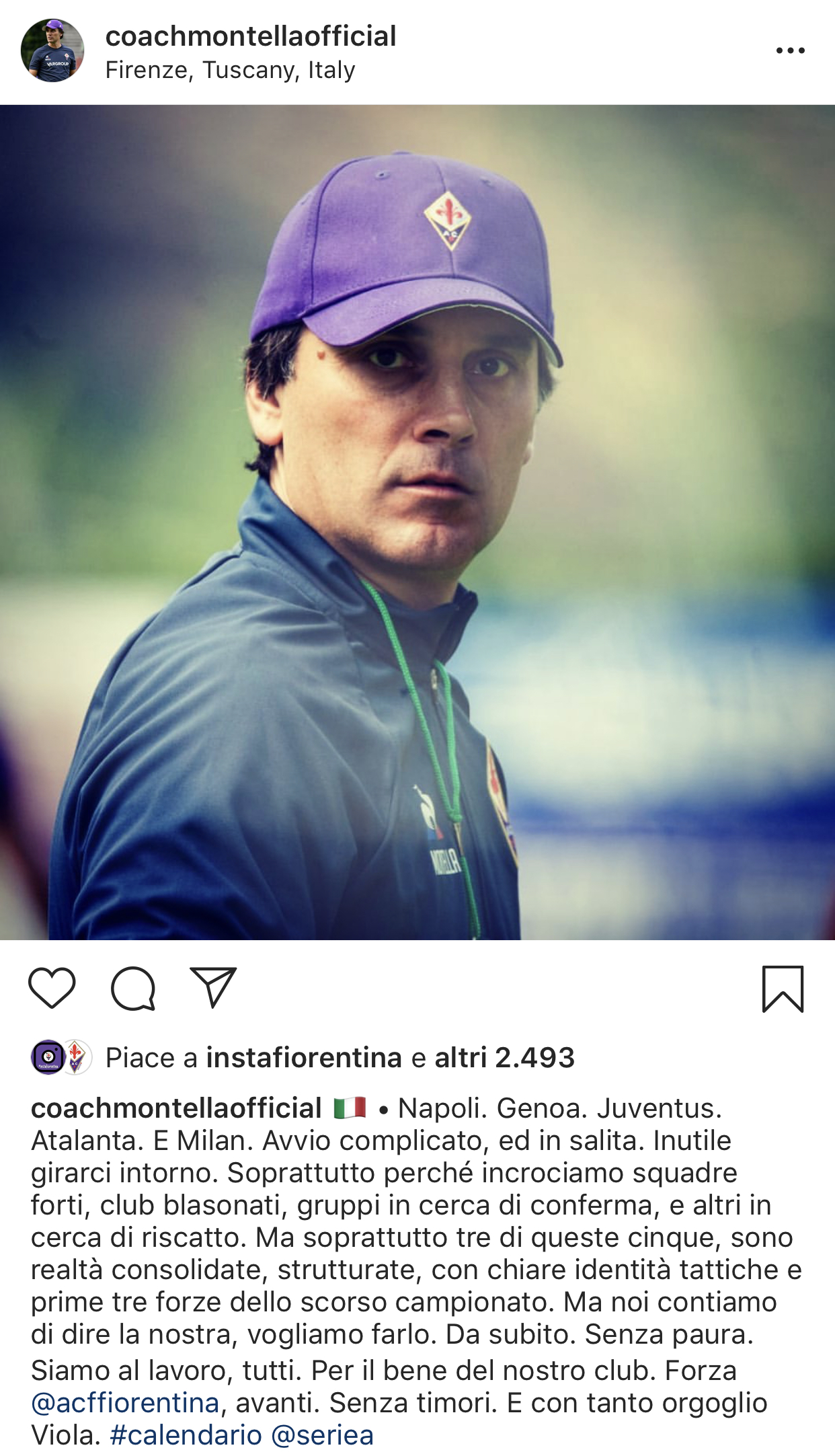 Montella: "Avvio complicato ed in salita ma noi vogliamo dire la nostra da subito. Forza Fiorentina"
