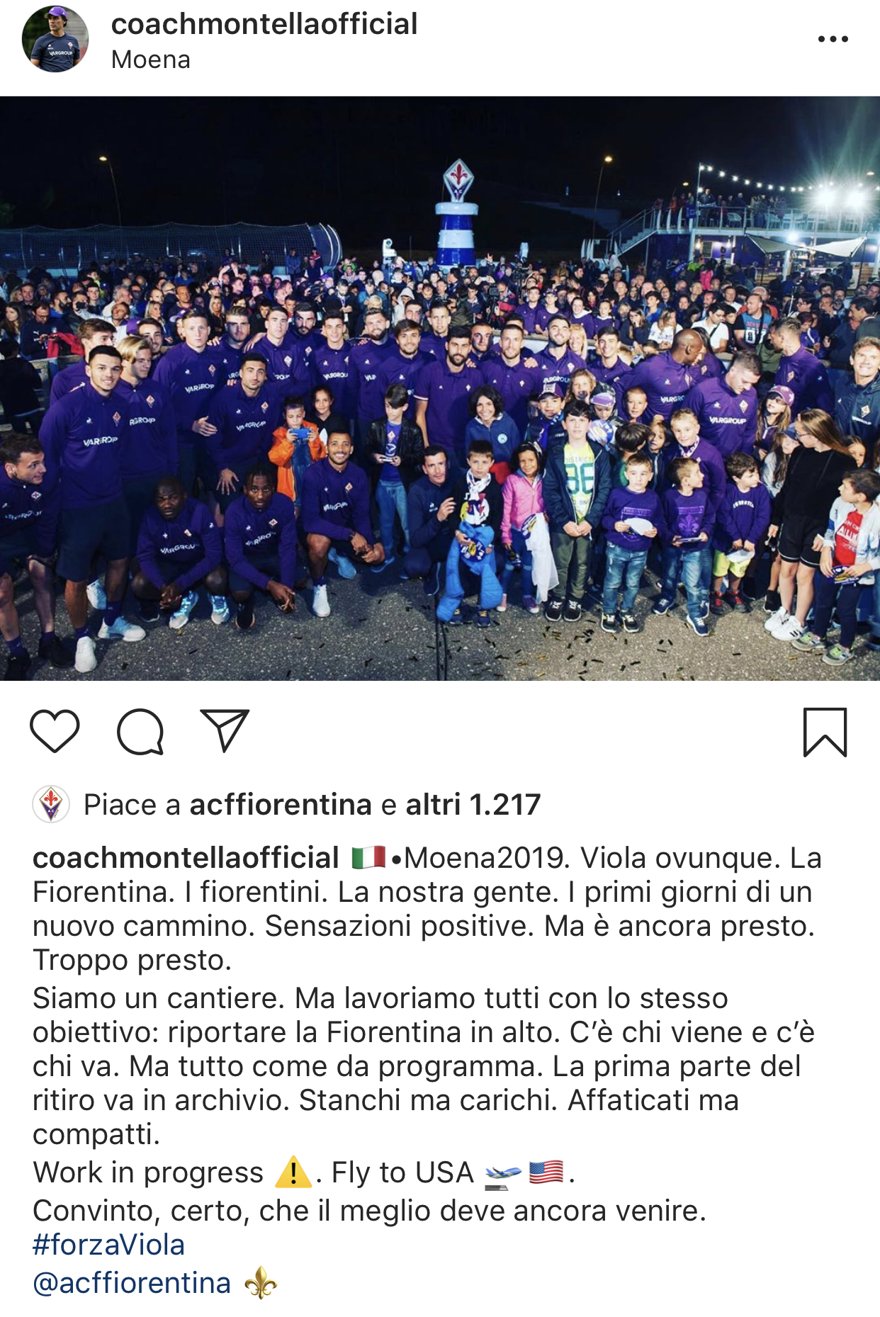 Montella: "A Moena sensazioni positive. Il nostro obiettivo è riportare la Fiorentina in alto. Siamo carichi"
