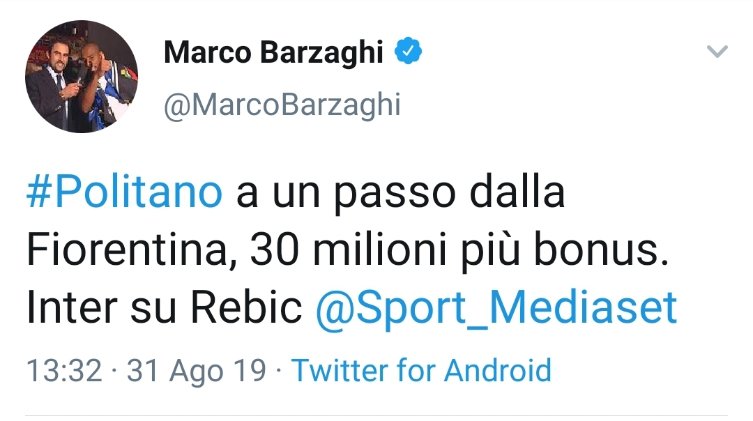 Sportmediaset, Politano ad un passo della Fiorentina, 30 milioni più bonus all'Inter. Rebic nerazzurro