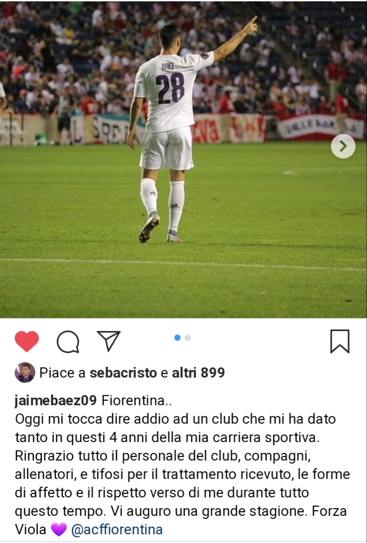 Baez: "Grazie Fiorentina per questi quattro anni. Vi meritate il massimo. Il mio futuro.."