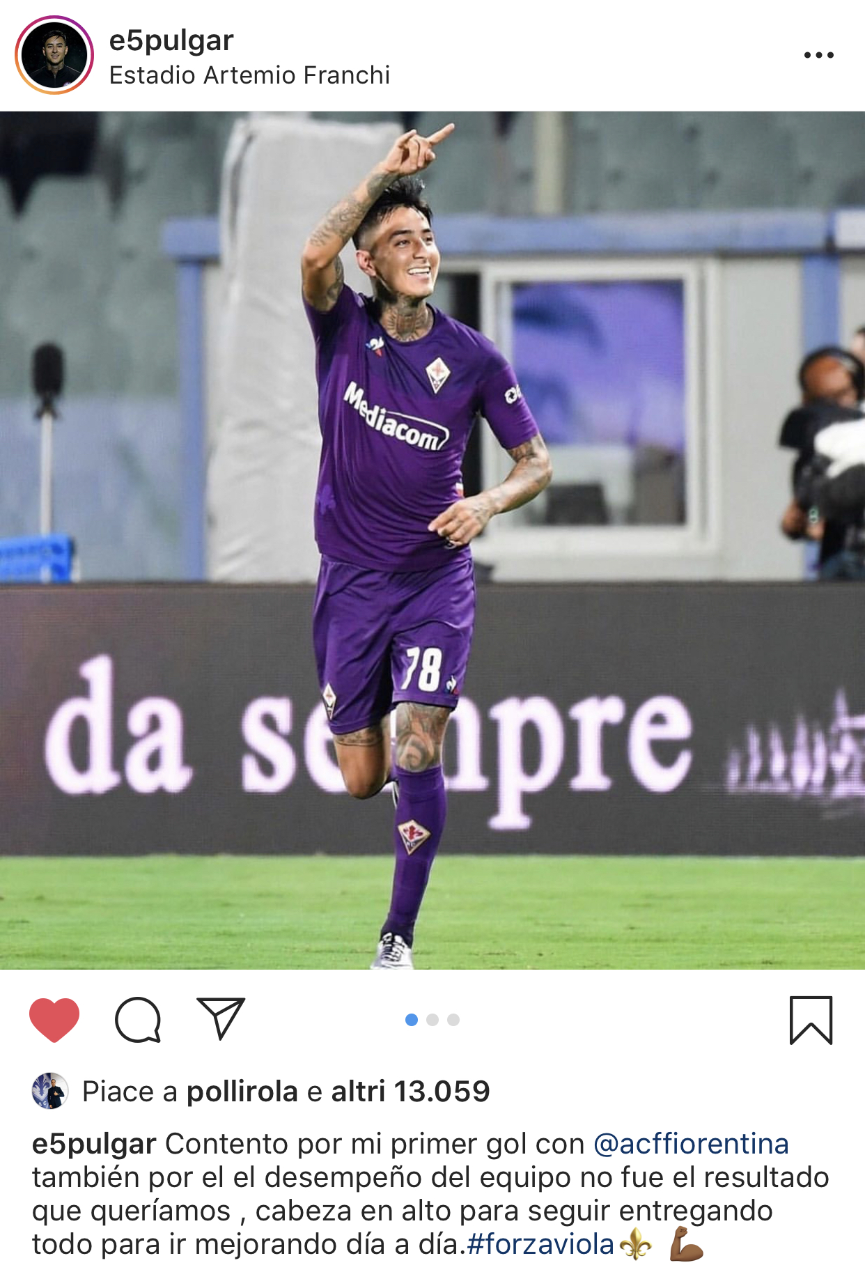 Pulgar: "Contento per il mio primo goal con la Fiorentina. Alziamo la testa e continuiamo a migliorarci"