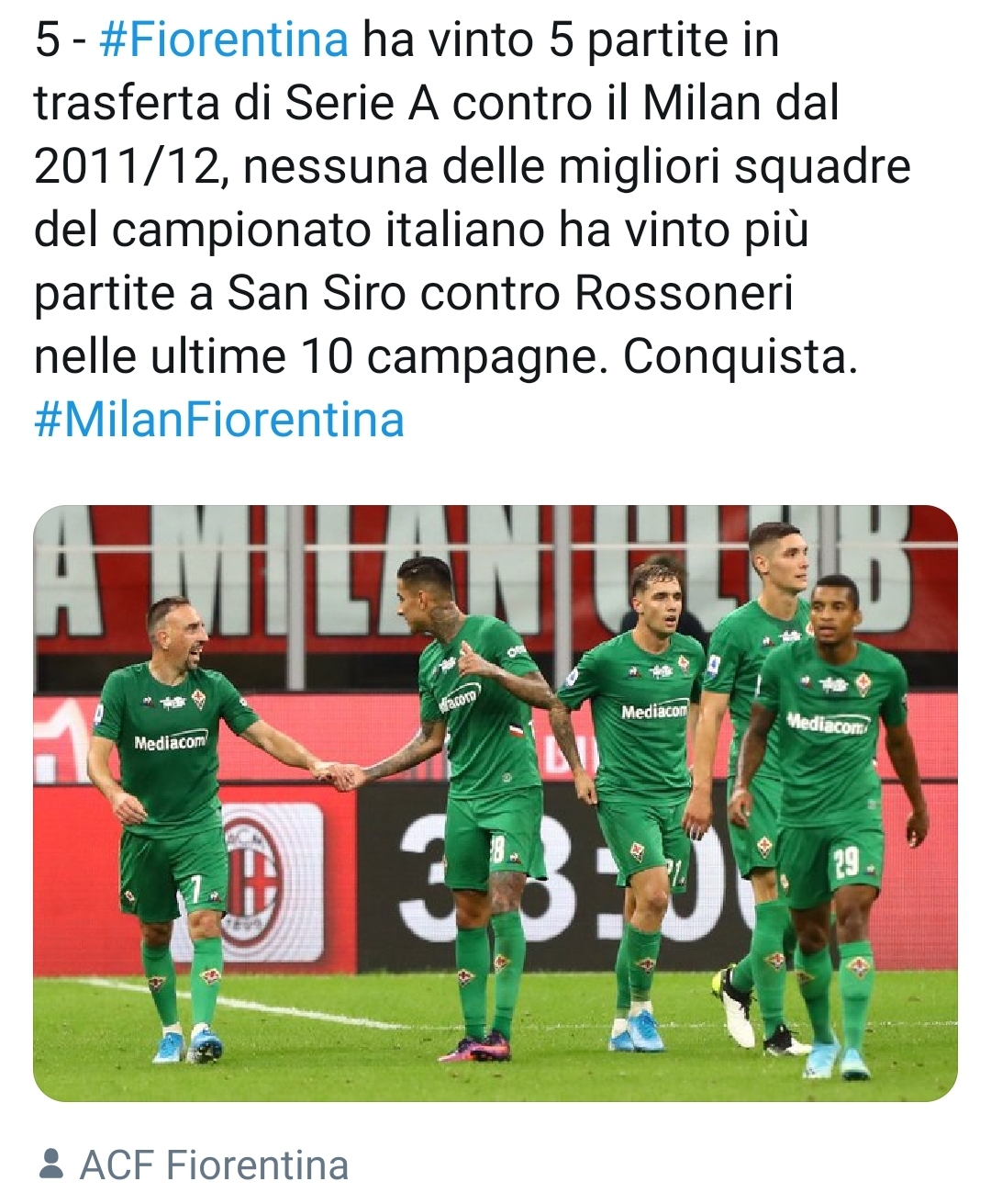 Nelle ultime 10 partite a San Siro contro il Milan la Fiorentina ha vinto 5 volte. Mai nessuno come i viola