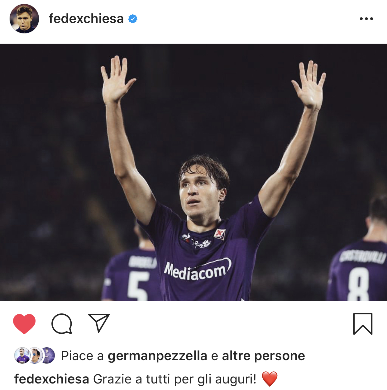 Chiesa: "Grazie a tutti per gli auguri!" Dopo diversi mesi torna a postare una foto in maglia viola