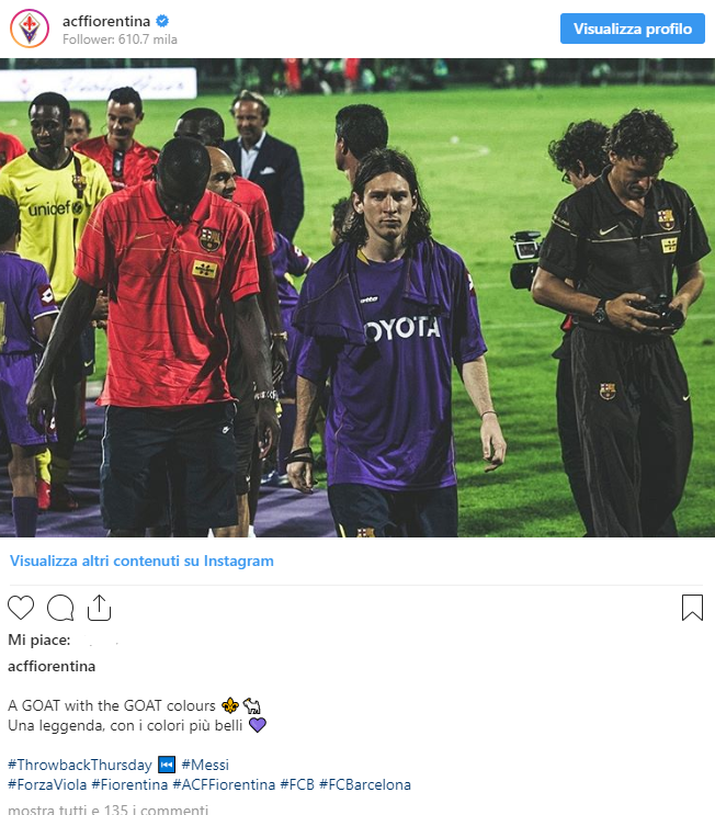(FOTO) La Fiorentina celebra Messi. Online la foto di quando vestì la maglia viola