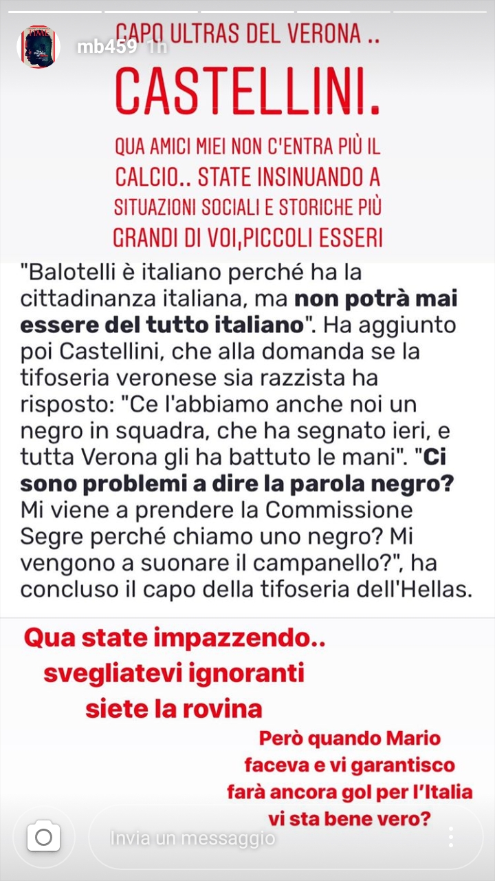 Cori Bentegodi, "Ignoranti, siete la rovina.." la dura risposta di Balotelli nelle stories..
