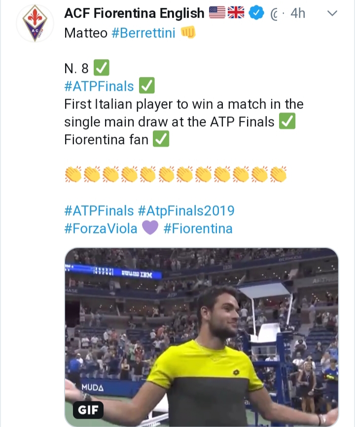 (FOTO) ACF celebra Berrettini vincitore nelle Atp Finals. Ecco il tweet al tennista tifoso
