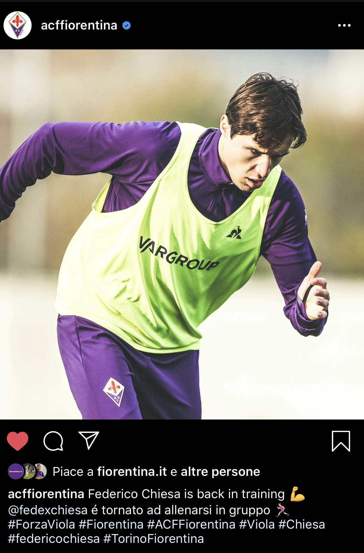 La Fiorentina annuncia sui social: "Chiesa è tornato ad allenarsi in gruppo"