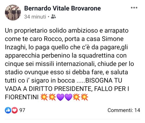 Brovarone messaggio a Commisso: "Prendi Simone Inzaghi, fai una buona squadra e chiudi per lo stadio, ovunque esso sia.."