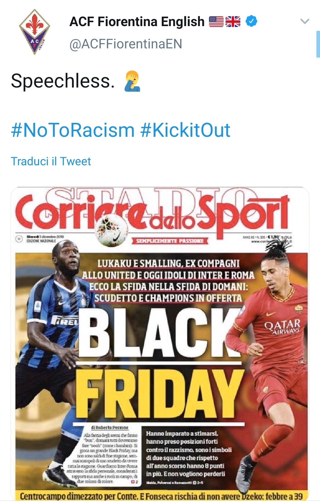 La Fiorentina contro il titolo razzista, Zazzaroni risponde: "Non avete fatto niente e adesso vi lavate le mani"