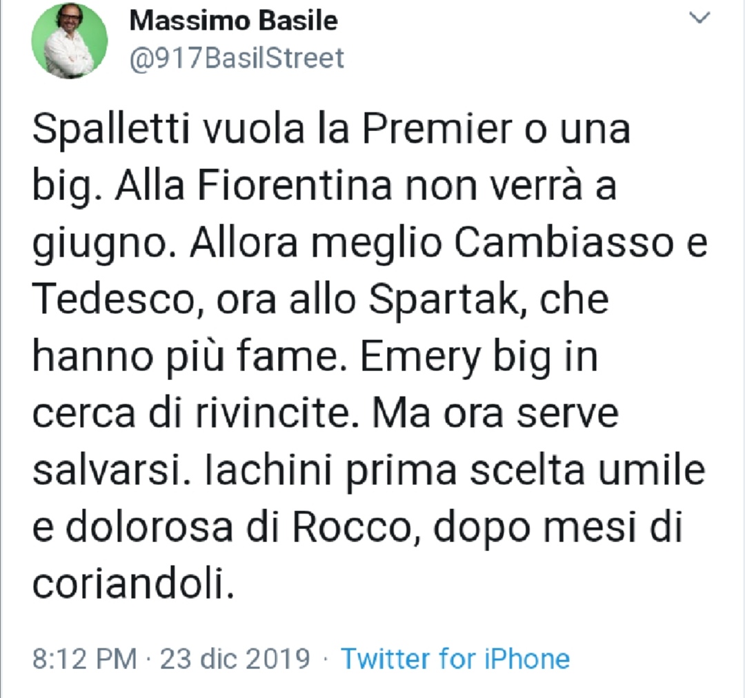 Basile: "Spalletti preferisce allenare una big o andare in Premier. Iachini scelta dolorosa"