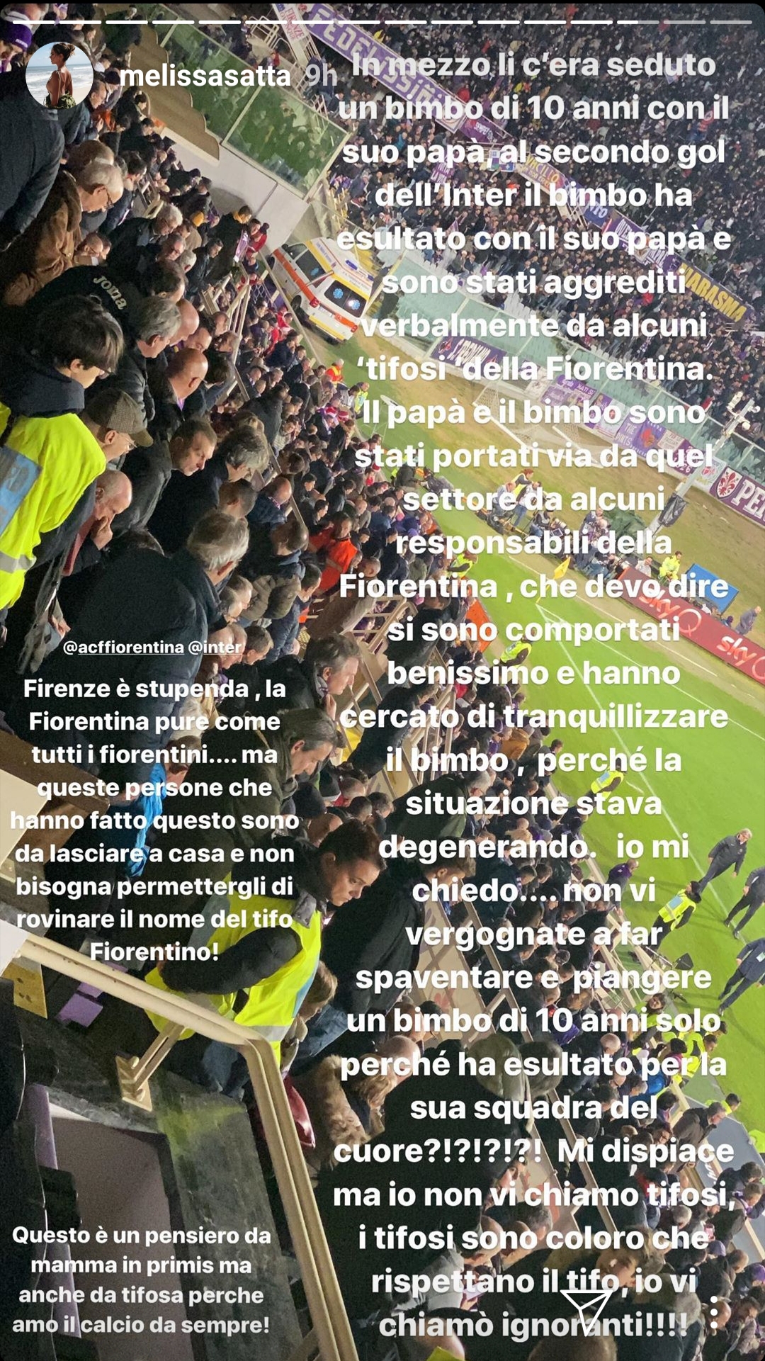 Melissa Satta denuncia: "Papà e figlio tifosi dell'Inter sono stati aggrediti verbalmente in tribuna"