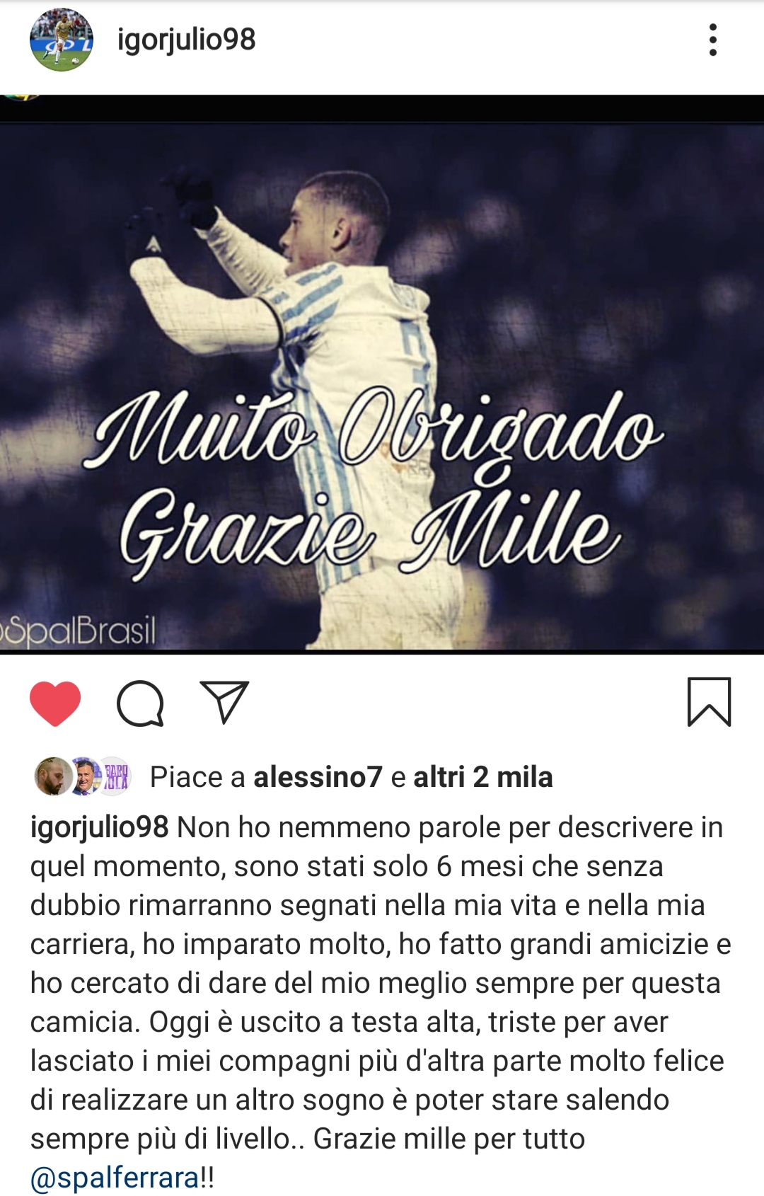 (FOTO)"Grazie Spal. Realizzo il mio sogno, salgo di livello.." Igor saluta la Spal sui social
