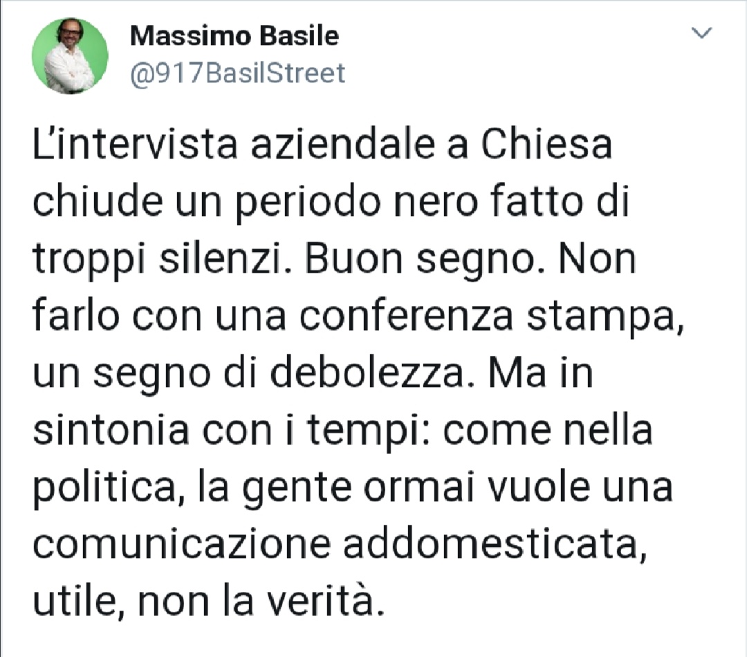 Basile: "L'intervista aziendale a Chiesa chiude un periodo nero fatto di troppi silenzi"
