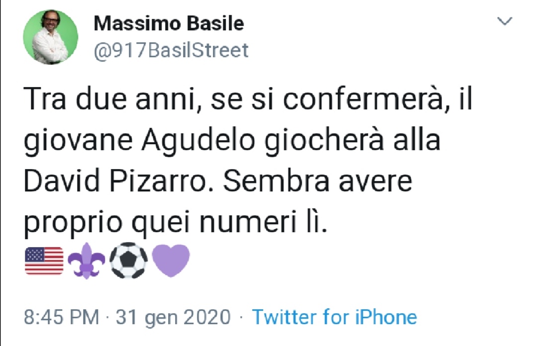 Basile: "Tra due anni, se si confermerà, il giovane Agudelo giocherà alla David Pizzarro"