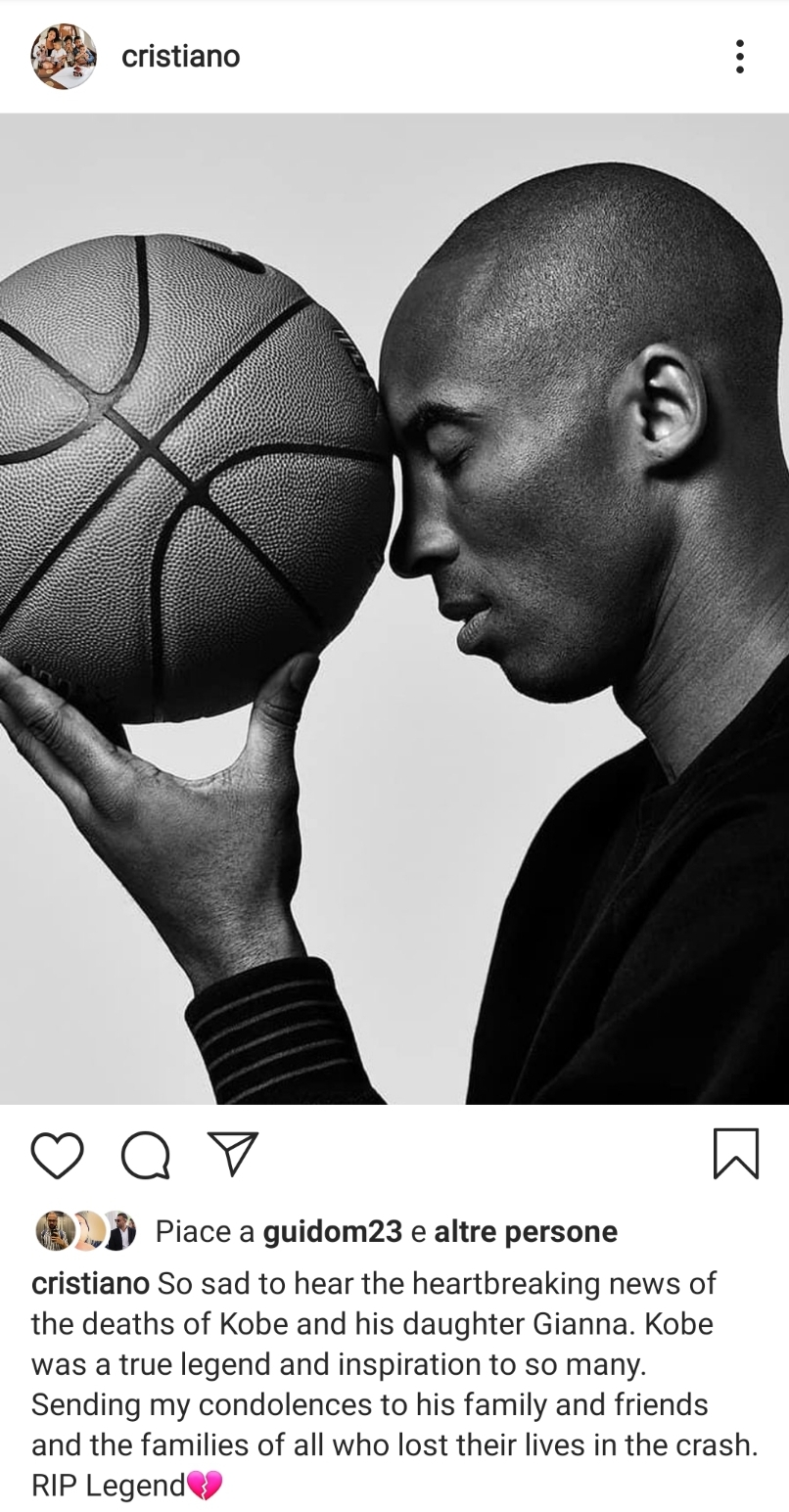 Cristiano Ronaldo e la gaffe sul messaggio a Kobe Bryant, è lo stesso di Luis Figo. E sui social è polemica