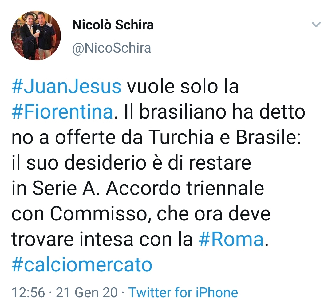 Accordo tra la Fiorentina e Juan Jesus, il difensore vuole solo Firenze, contratto di tre anni. Manca l'intesa con la Roma
