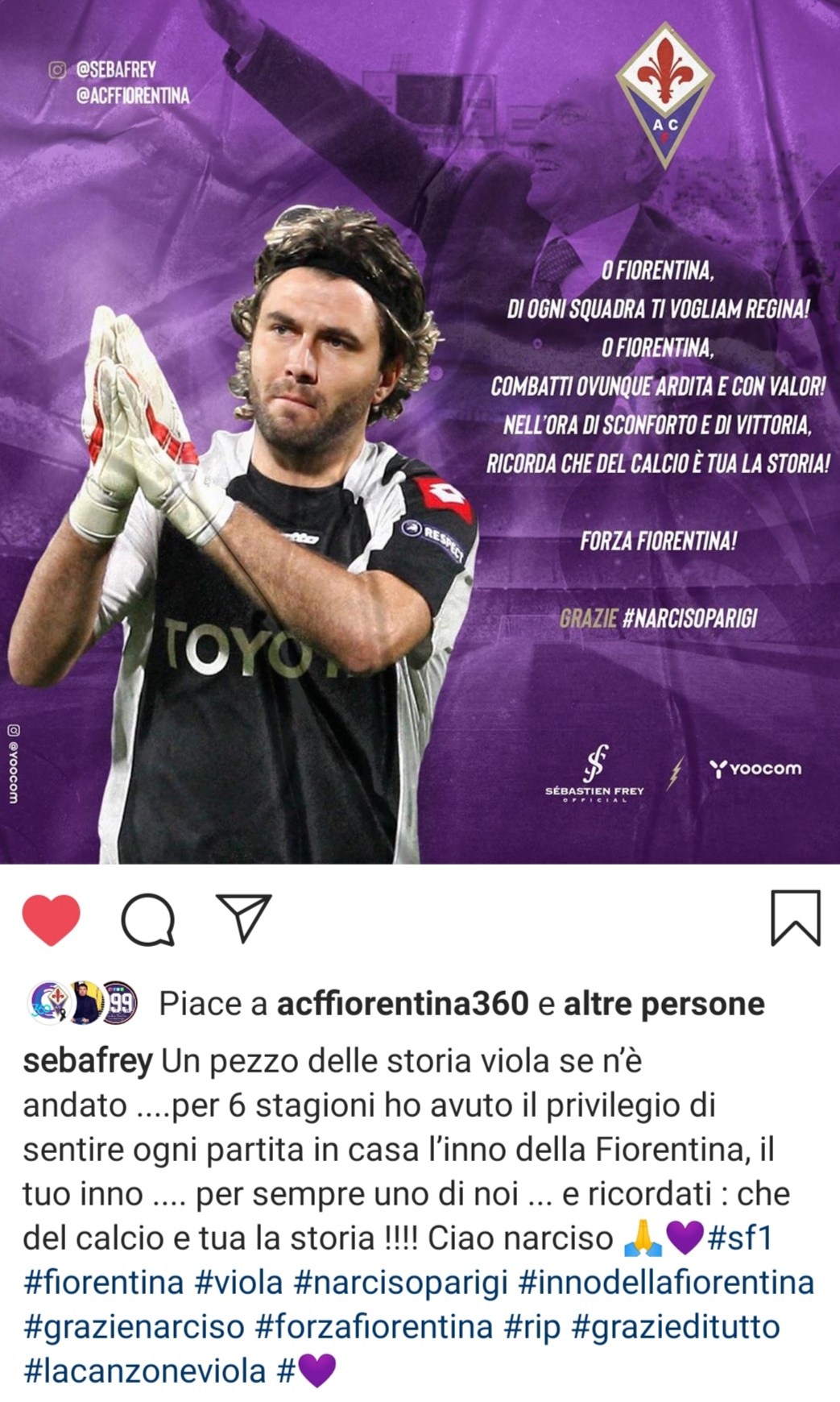 Frey ricorda Narciso Parigi: "Ho avuto il privilegio di sentire per 6 anni l'inno della viola"