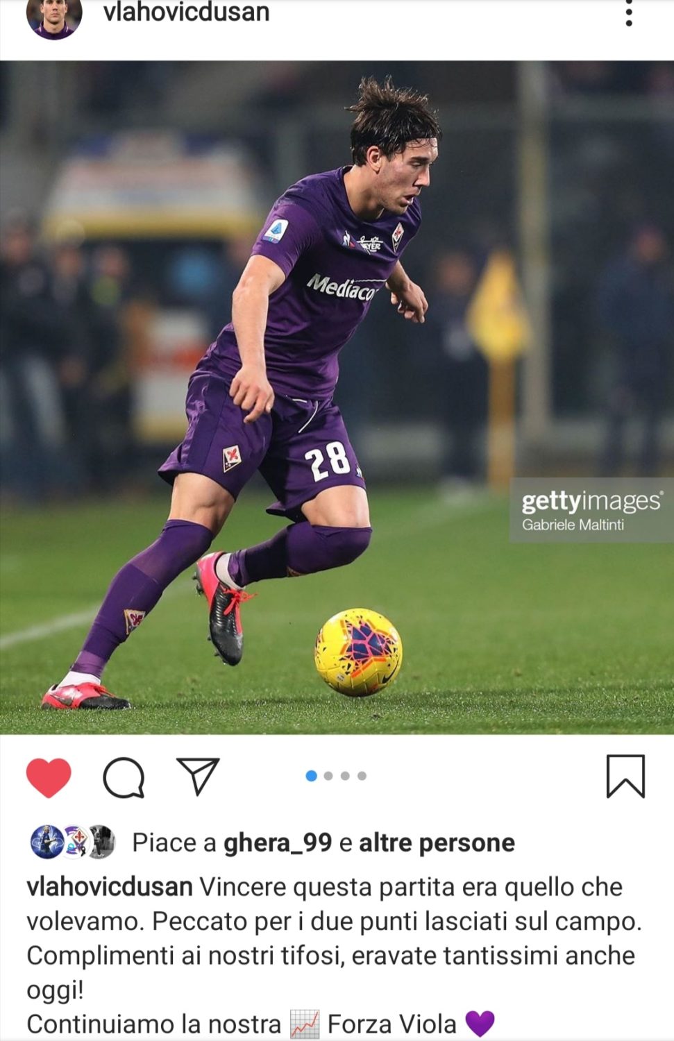 Vlahovic: "Peccato per i due punti lasciati sul campo. Complimenti ai nostri tifosi"