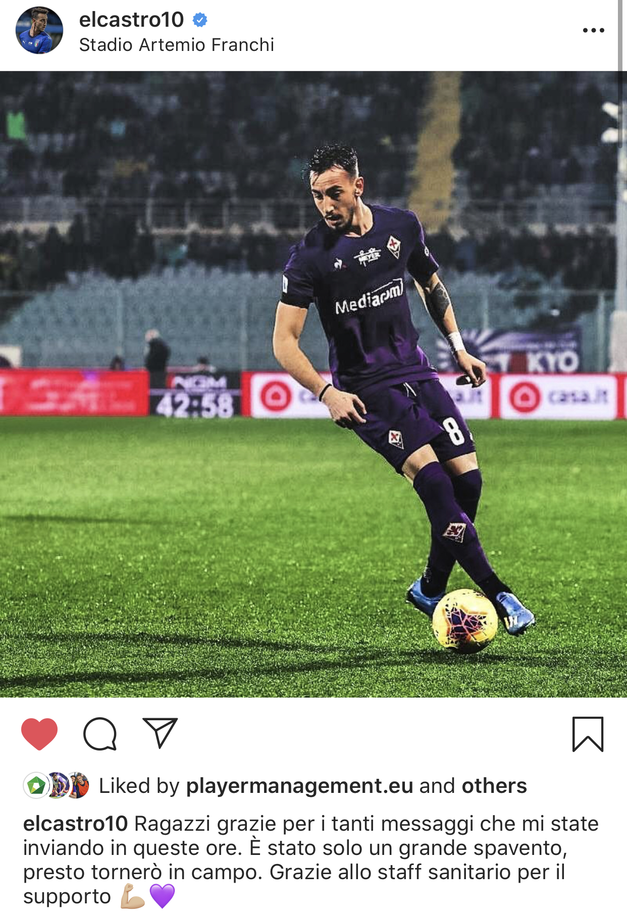 Castrovilli rassicura: "Grazie per i tanti messaggi, è solo un grande spavento, presto sarò in campo"