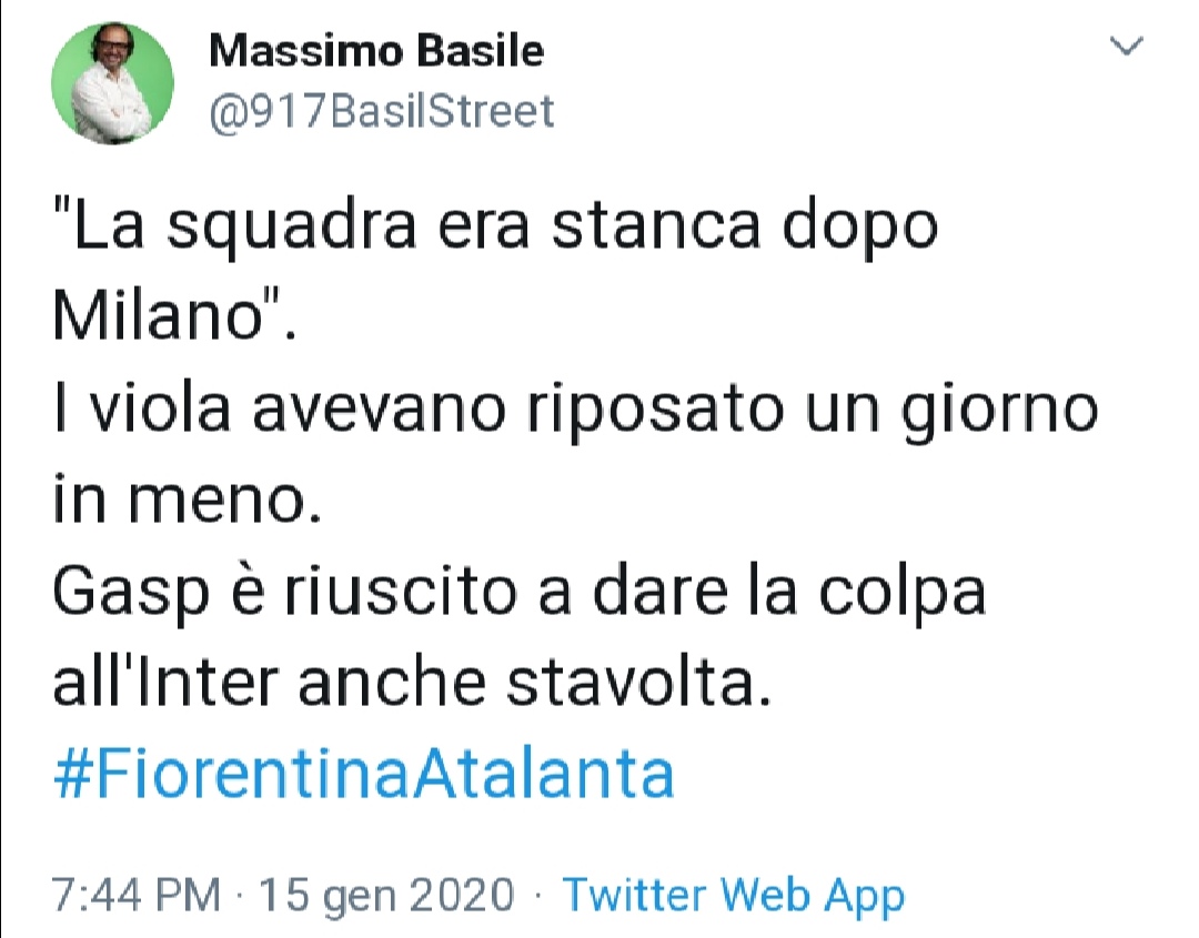 Basile: "I viola avevano riposato un giorno in meno ma Gasperini è riuscito a dare la colpa all'Inter pure stavolta"