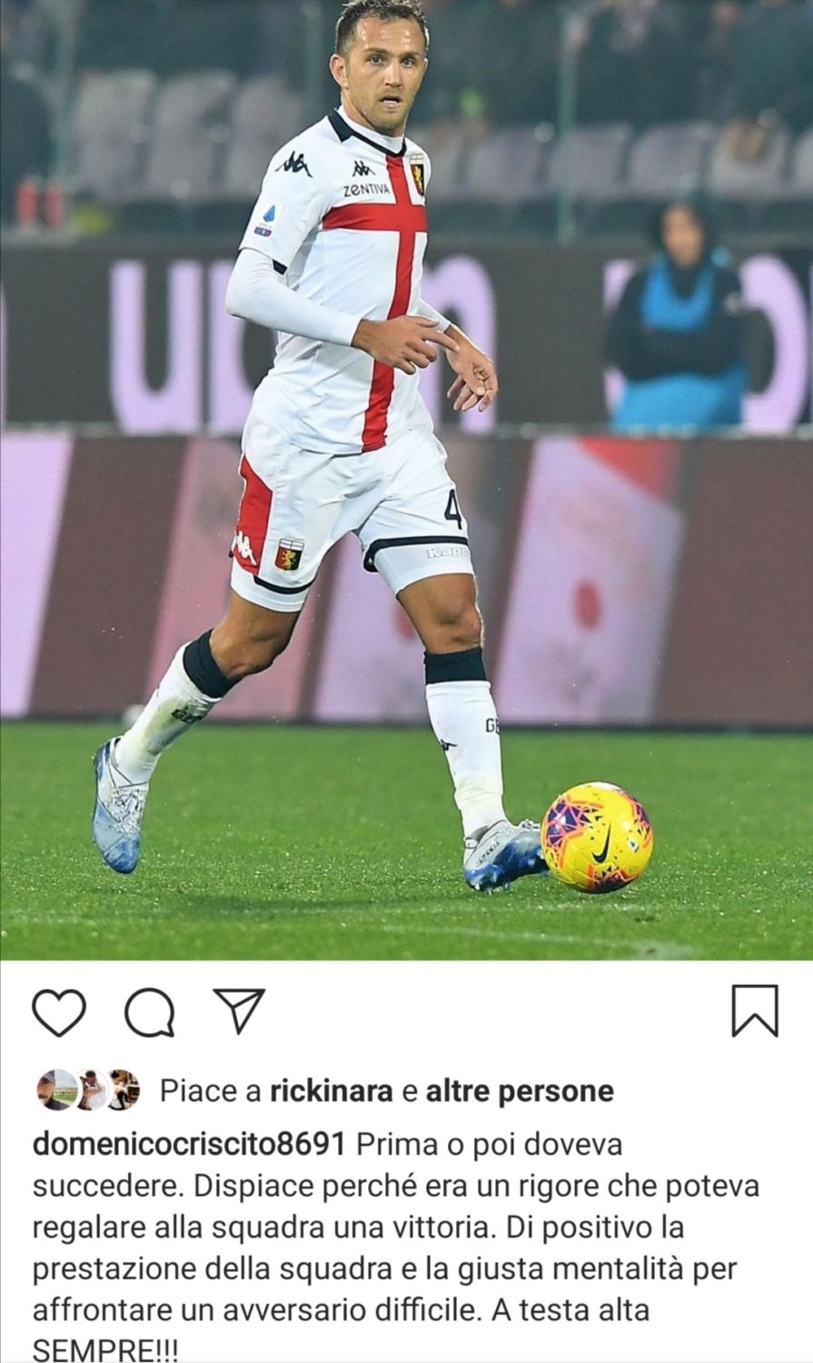 Criscito: "Prima o poi doveva succedere. Dispiace perchè era un rigore che poteva farci vincere"