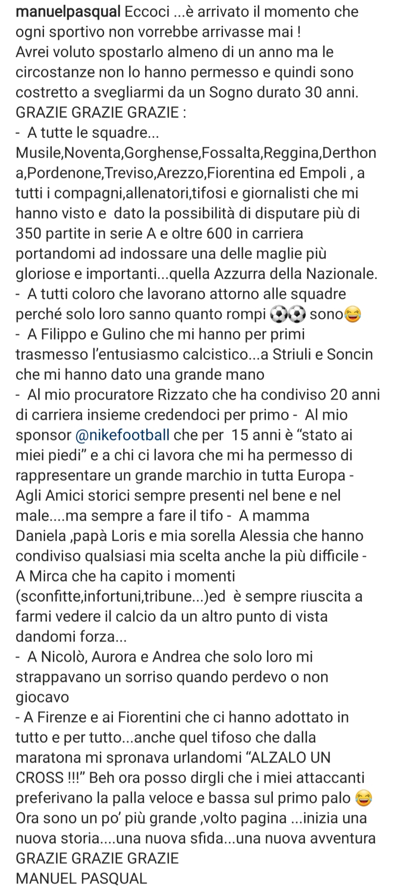 Pasqual: "Mi ritiro, grazie Firenze e grazie Fiorentina. Non crossavo perché gli attaccanti preferivano palloni bassi e veloci"
